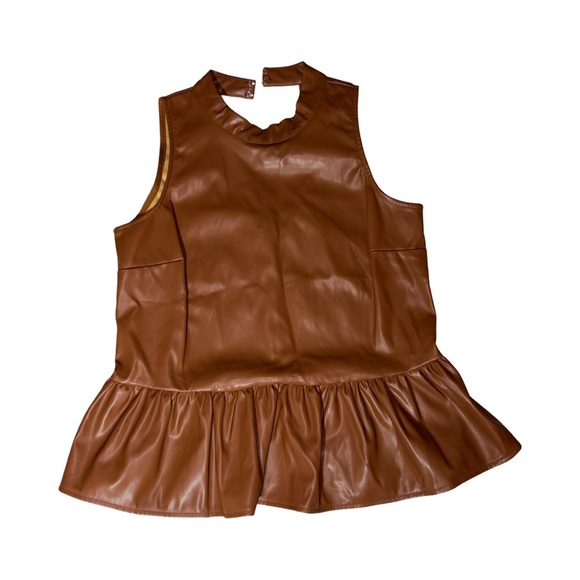 First Love by Lovelyn Brown Faux Leather Peplum Top Size S - Picture 2 of 8